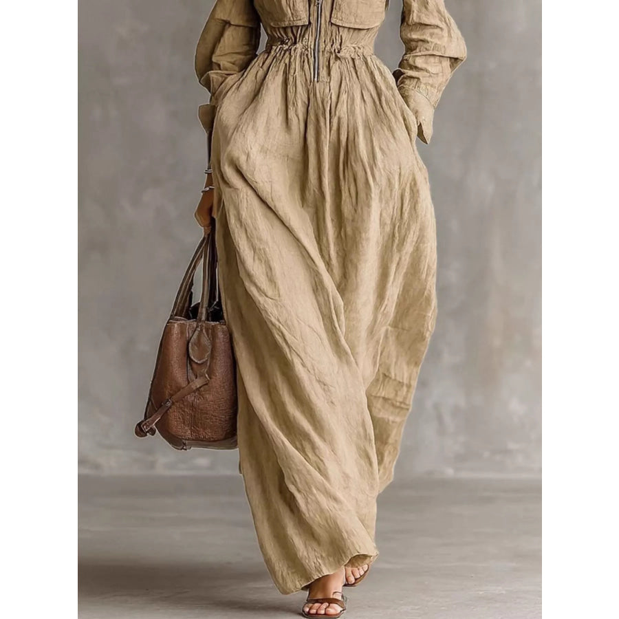 Zip-Front Long Sleeve Maxi Shirt Dress Beige / XS Apparel and Accessories