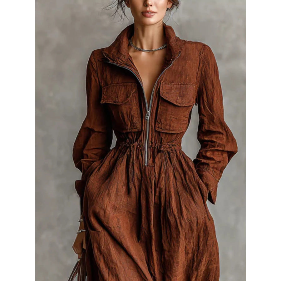 Zip-Front Long Sleeve Maxi Shirt Dress Dark Brown / XS Apparel and Accessories