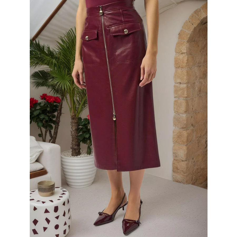 Zip Front Midi Skirt Apparel and Accessories
