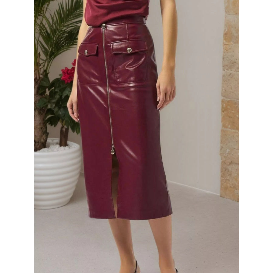 Zip Front Midi Skirt Burgundy / S Apparel and Accessories