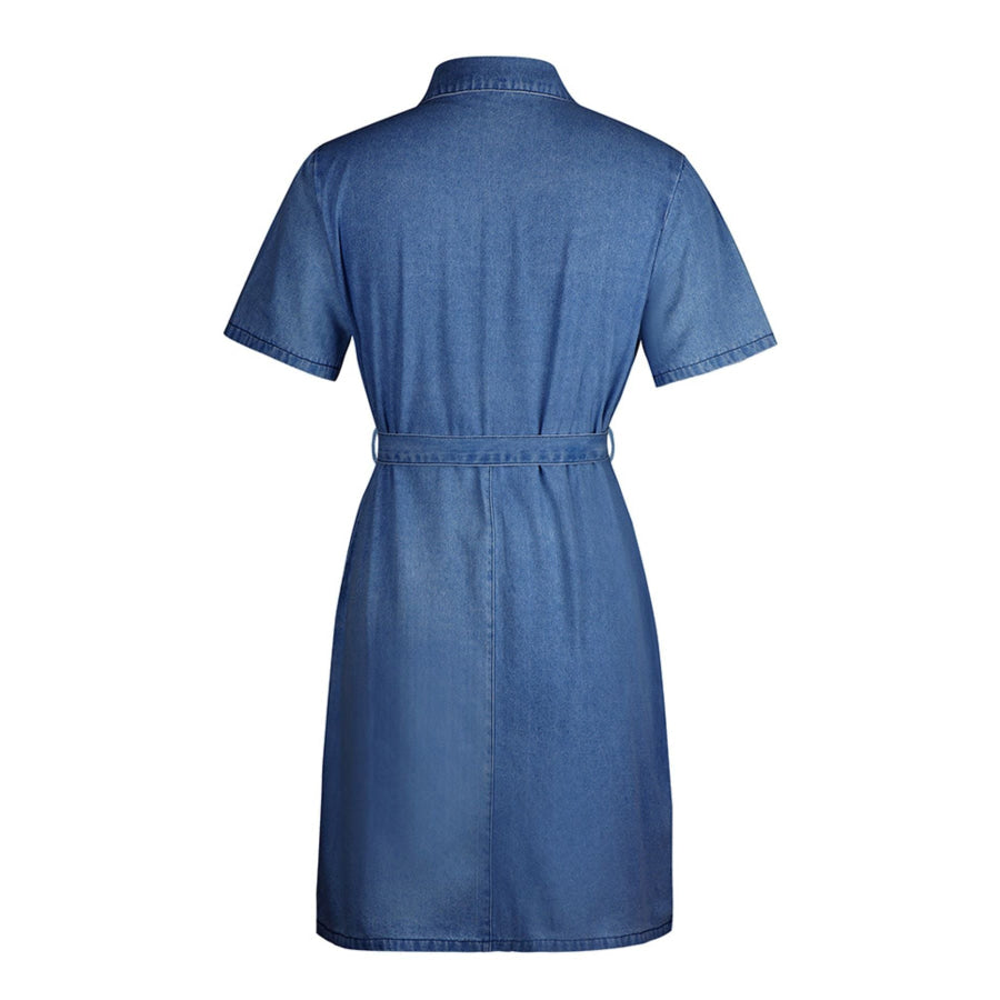Zip Front Short Sleeve Denim Dress Apparel and Accessories