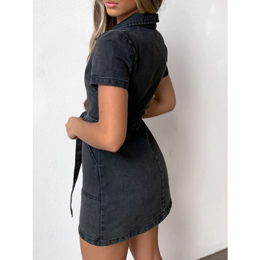 Zip Front Short Sleeve Denim Dress Apparel and Accessories