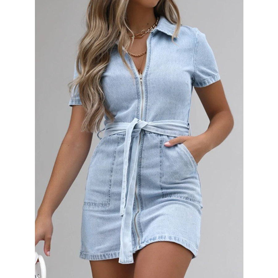 Zip Front Short Sleeve Denim Dress Apparel and Accessories