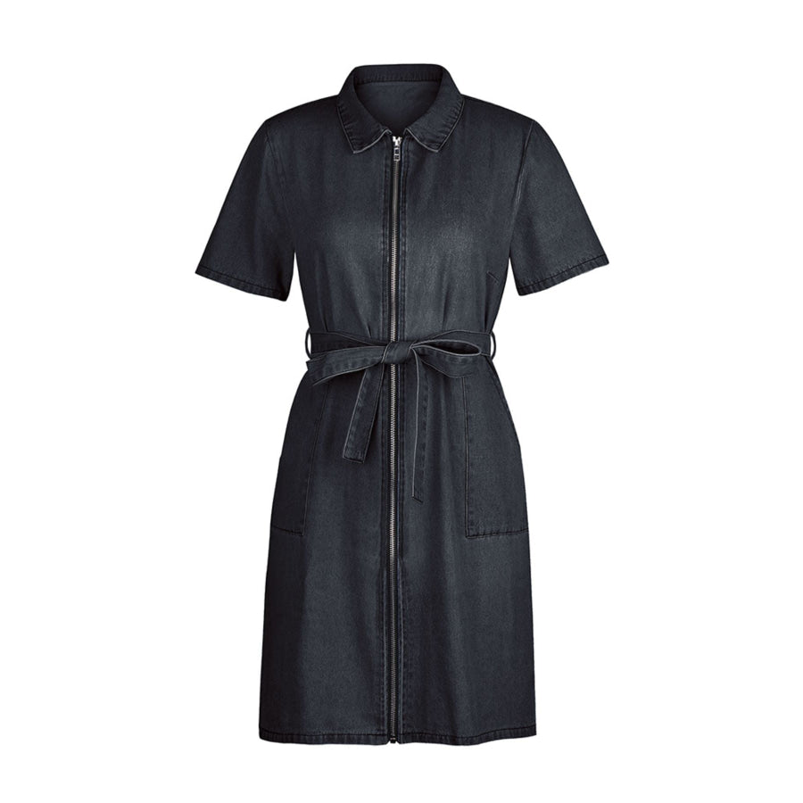 Zip Front Short Sleeve Denim Dress Apparel and Accessories