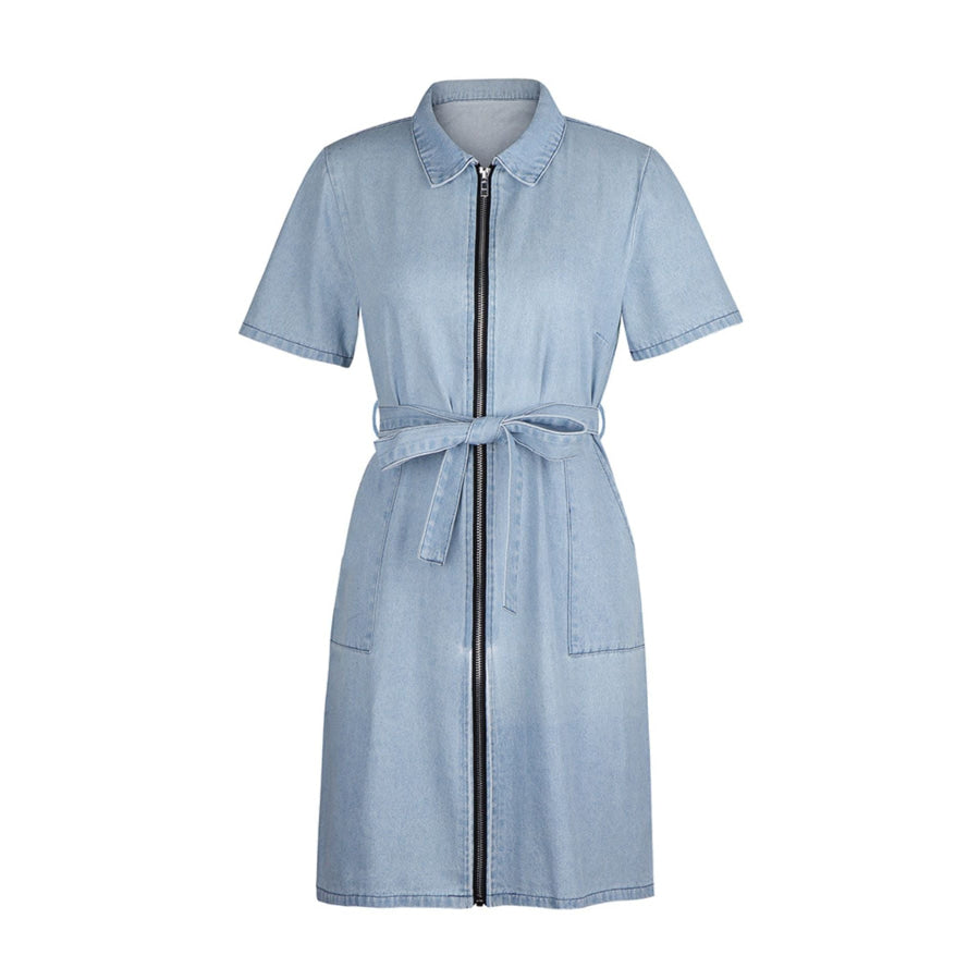 Zip Front Short Sleeve Denim Dress Apparel and Accessories