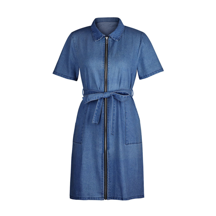 Zip Front Short Sleeve Denim Dress Apparel and Accessories