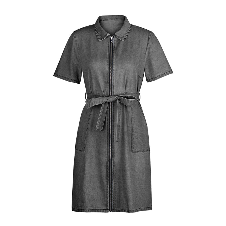 Zip Front Short Sleeve Denim Dress Apparel and Accessories