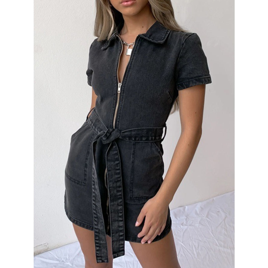 Zip Front Short Sleeve Denim Dress Black / S Apparel and Accessories