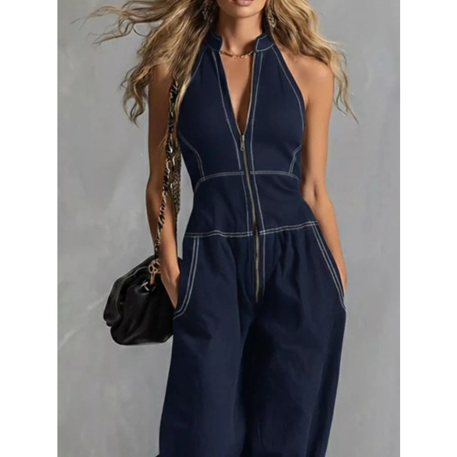 Zip Front Sleeveless Wide Leg Jumpsuit Apparel and Accessories