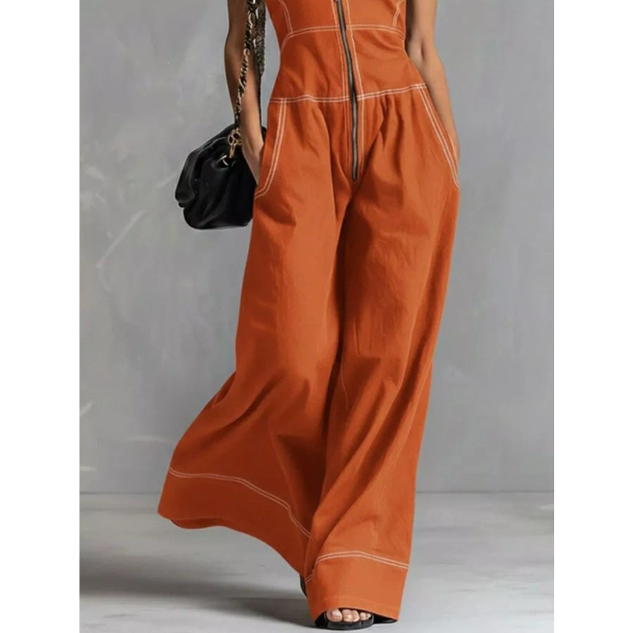 Zip Front Sleeveless Wide Leg Jumpsuit Apparel and Accessories