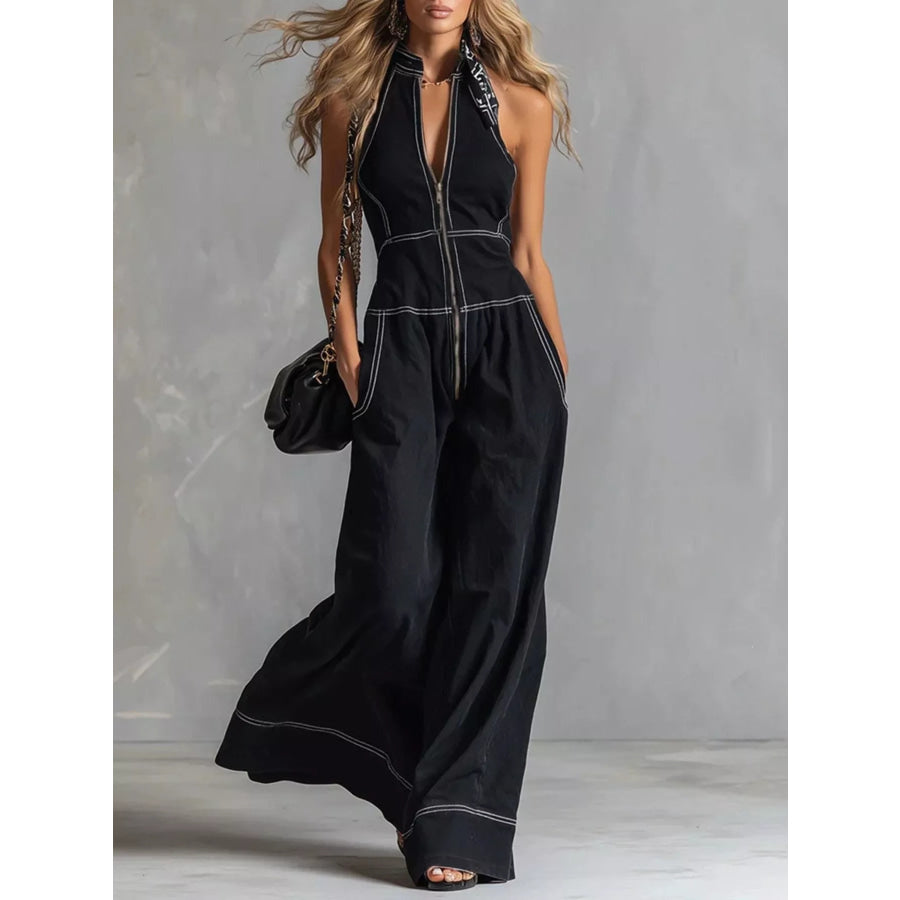 Zip Front Sleeveless Wide Leg Jumpsuit Black / S Apparel and Accessories