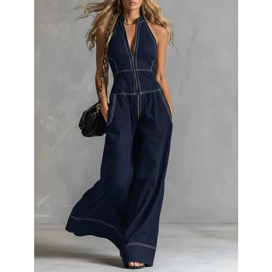 Zip Front Sleeveless Wide Leg Jumpsuit Navy Blue / S Apparel and Accessories