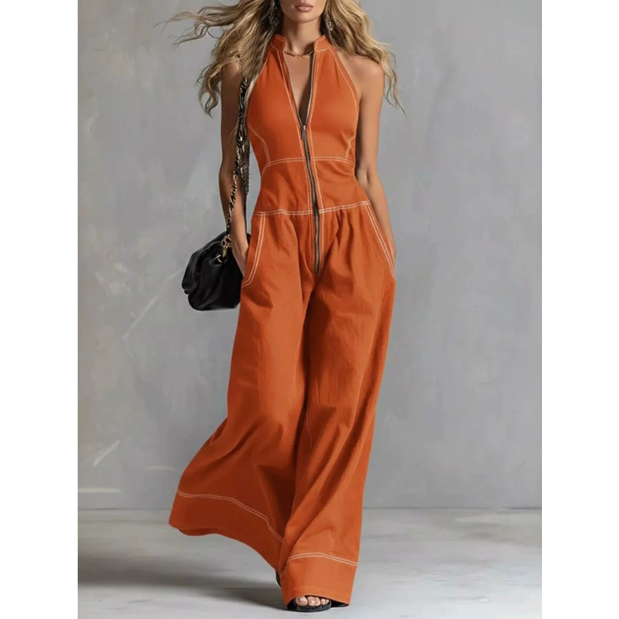 Zip Front Sleeveless Wide Leg Jumpsuit Orange / S Apparel and Accessories