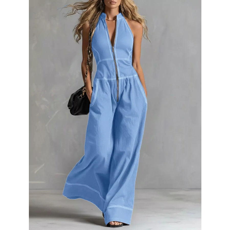Zip Front Sleeveless Wide Leg Jumpsuit Sky Blue / S Apparel and Accessories