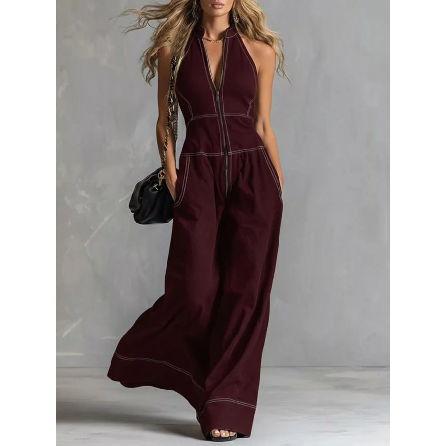 Zip Front Sleeveless Wide Leg Jumpsuit Wine Red / S Apparel and Accessories