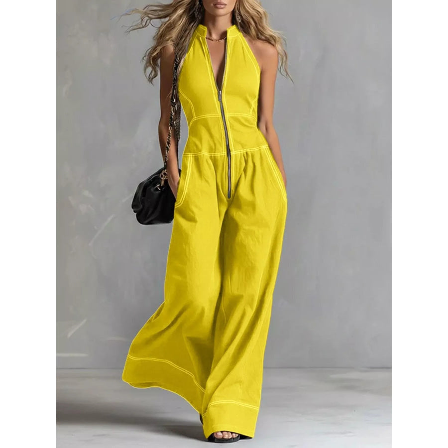 Zip Front Sleeveless Wide Leg Jumpsuit Yellow / S Apparel and Accessories