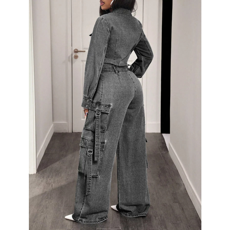 Zip Front Wide Leg Cargo Denim Jumpsuit Apparel and Accessories