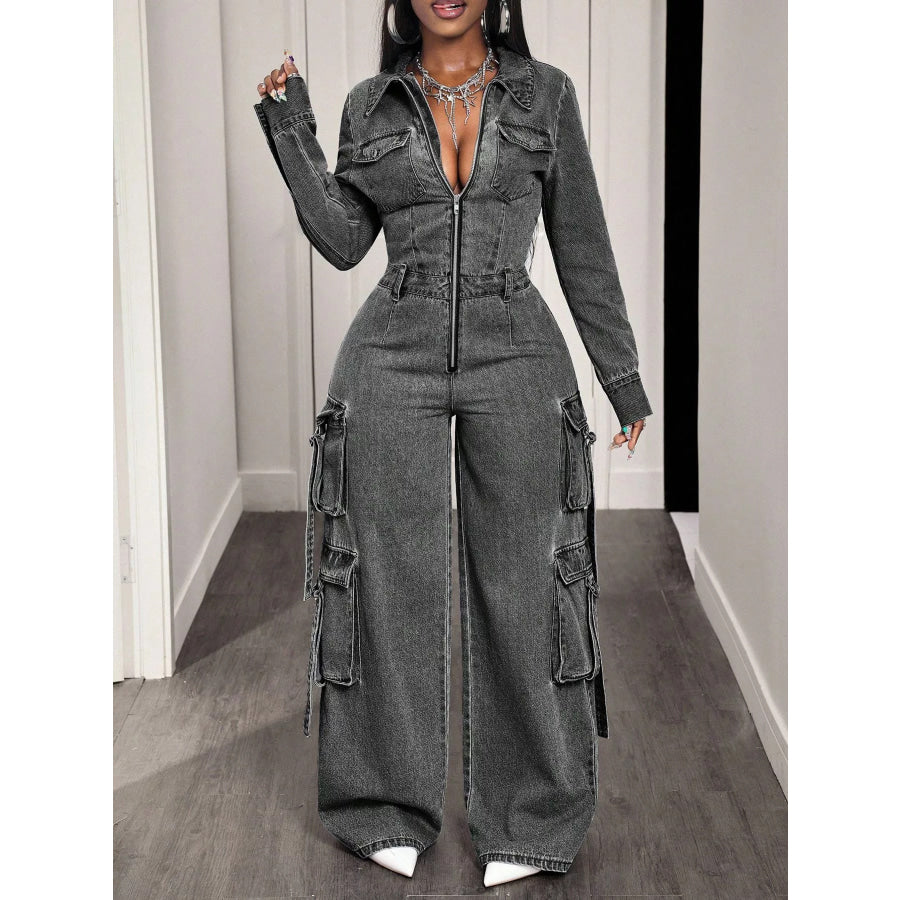 Zip Front Wide Leg Cargo Denim Jumpsuit Apparel and Accessories