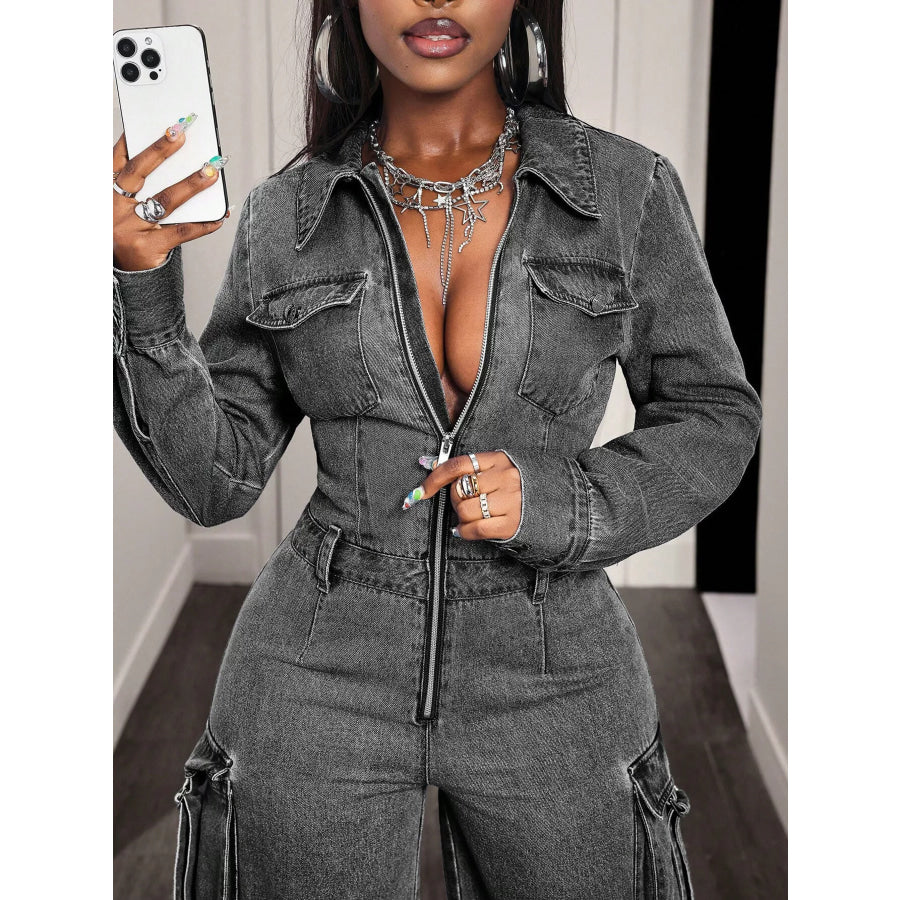 Zip Front Wide Leg Cargo Denim Jumpsuit Apparel and Accessories