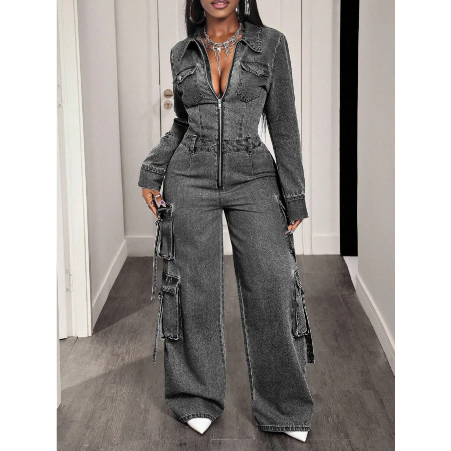 Zip Front Wide Leg Cargo Denim Jumpsuit Apparel and Accessories