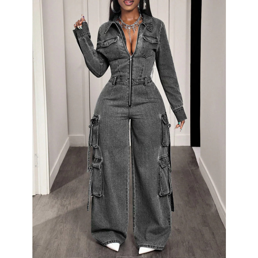 Zip Front Wide Leg Denim Jumpsuit Apparel and Accessories