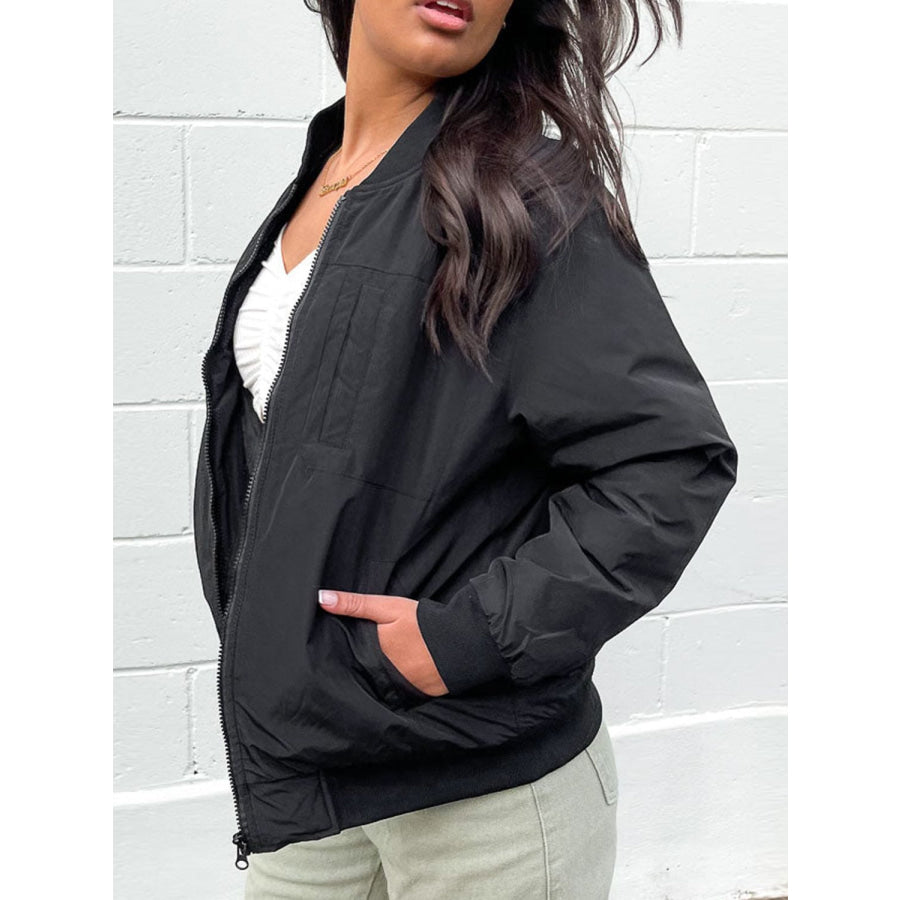 Zip Up Baseball Collar Jacket with Pockets Apparel and Accessories