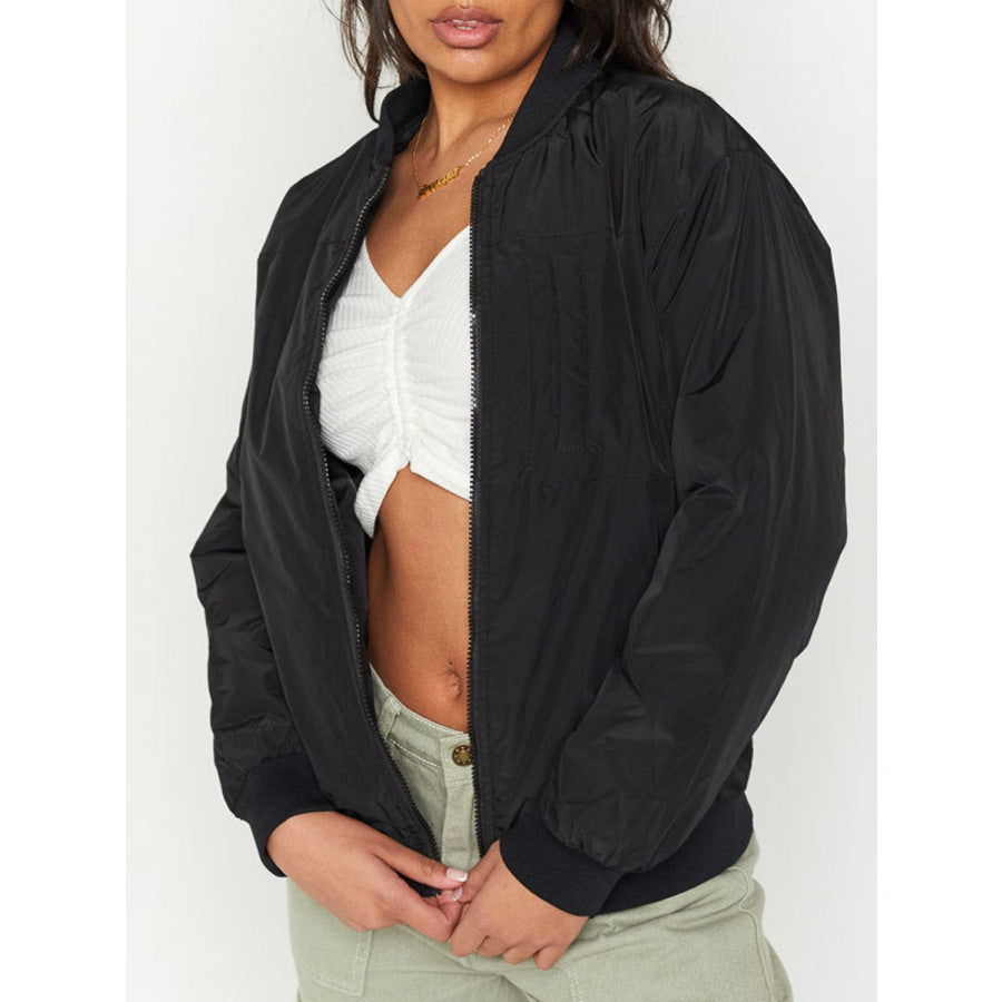 Zip Up Baseball Collar Jacket with Pockets Black / S Apparel and Accessories