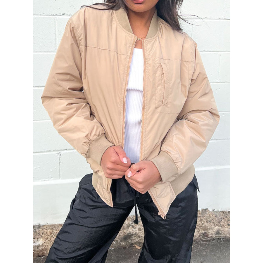 Zip Up Baseball Collar Jacket with Pockets Tan / S Apparel and Accessories