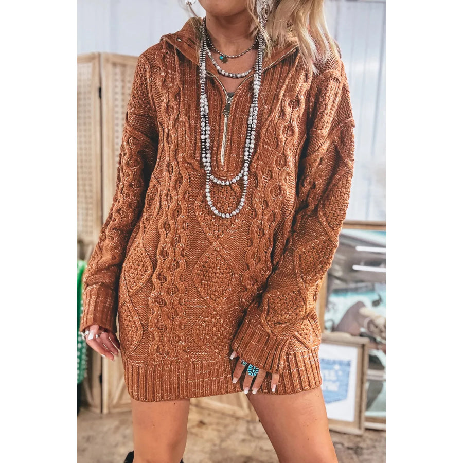 Zip-Up Cable Knit Drop Shoulder Sweater Dress Apparel and Accessories