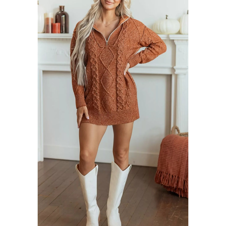 Zip-Up Cable Knit Drop Shoulder Sweater Dress Apparel and Accessories