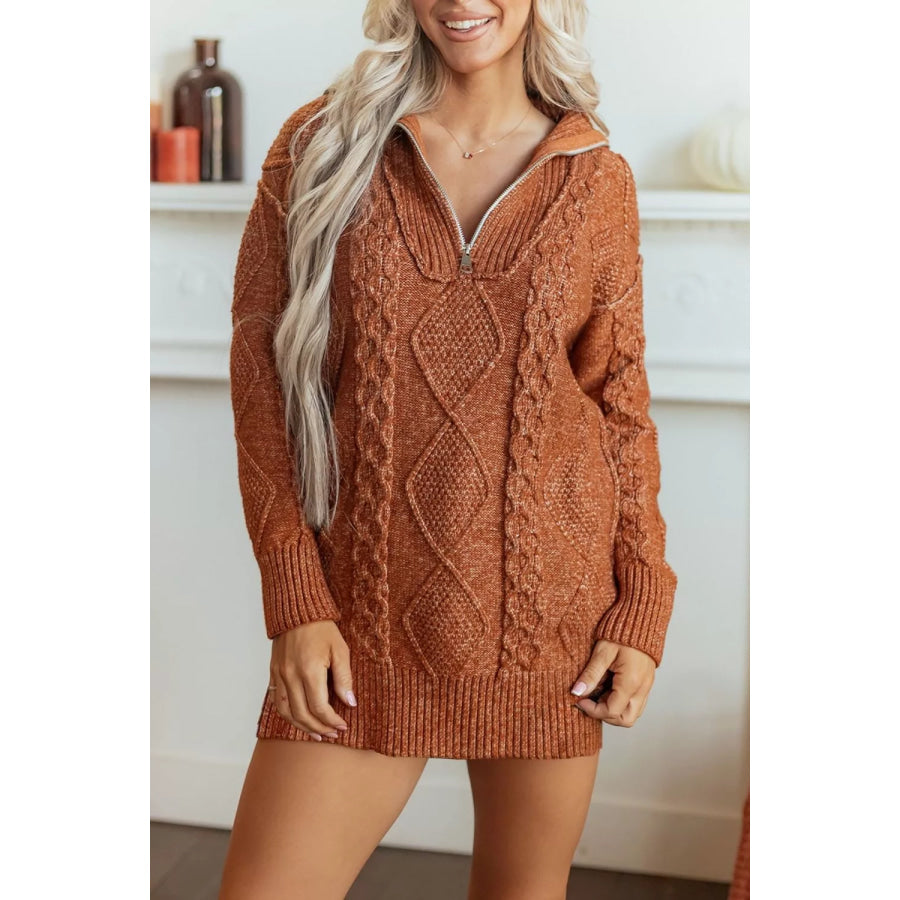 Zip-Up Cable Knit Drop Shoulder Sweater Dress Apparel and Accessories