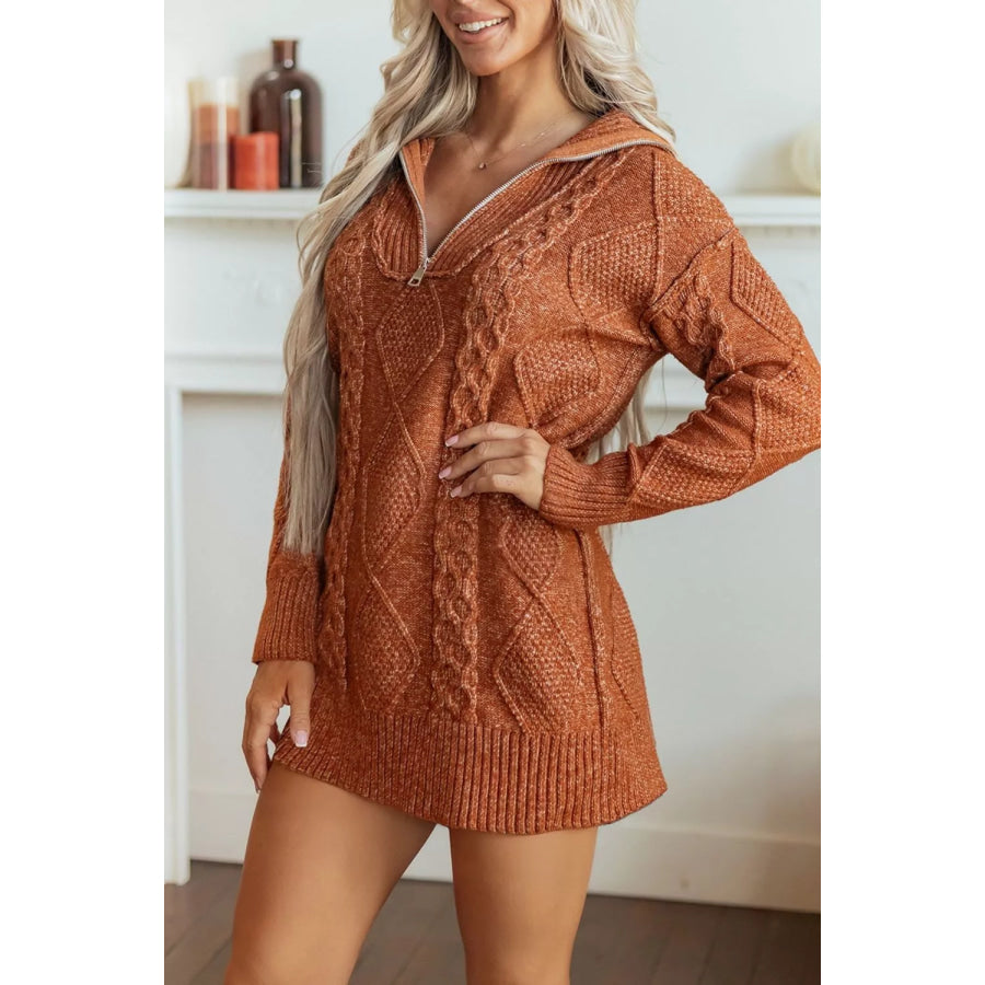 Zip-Up Cable Knit Drop Shoulder Sweater Dress Apparel and Accessories