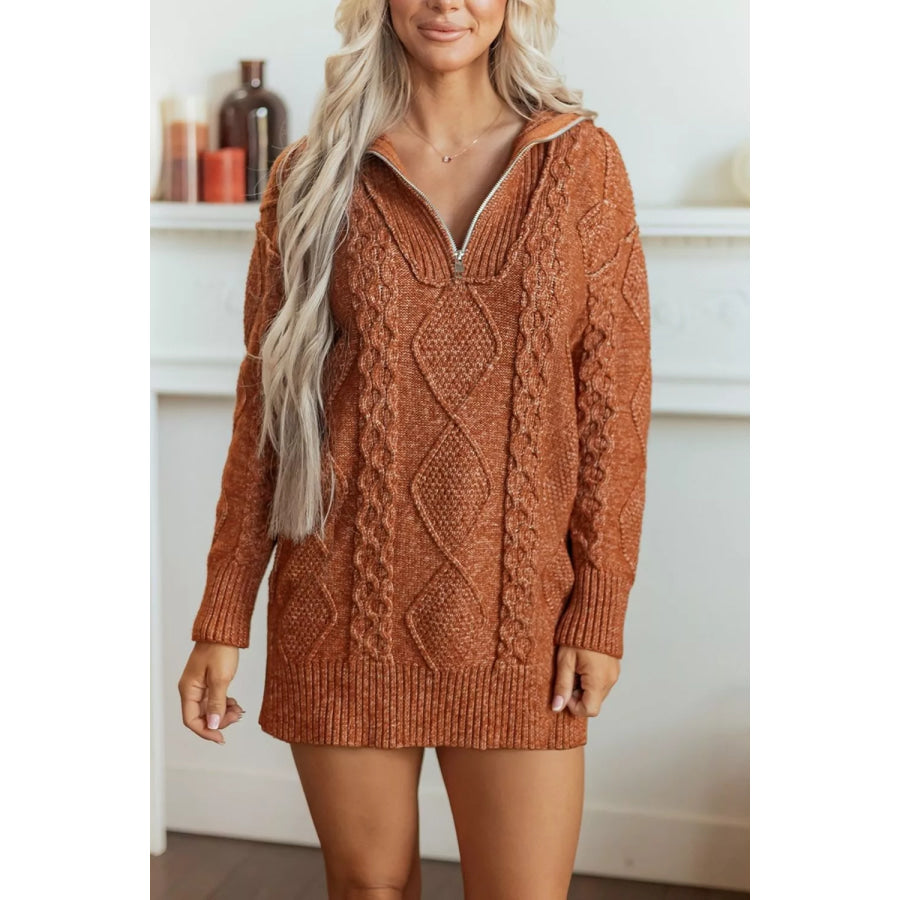 Zip-Up Cable Knit Drop Shoulder Sweater Dress Apparel and Accessories
