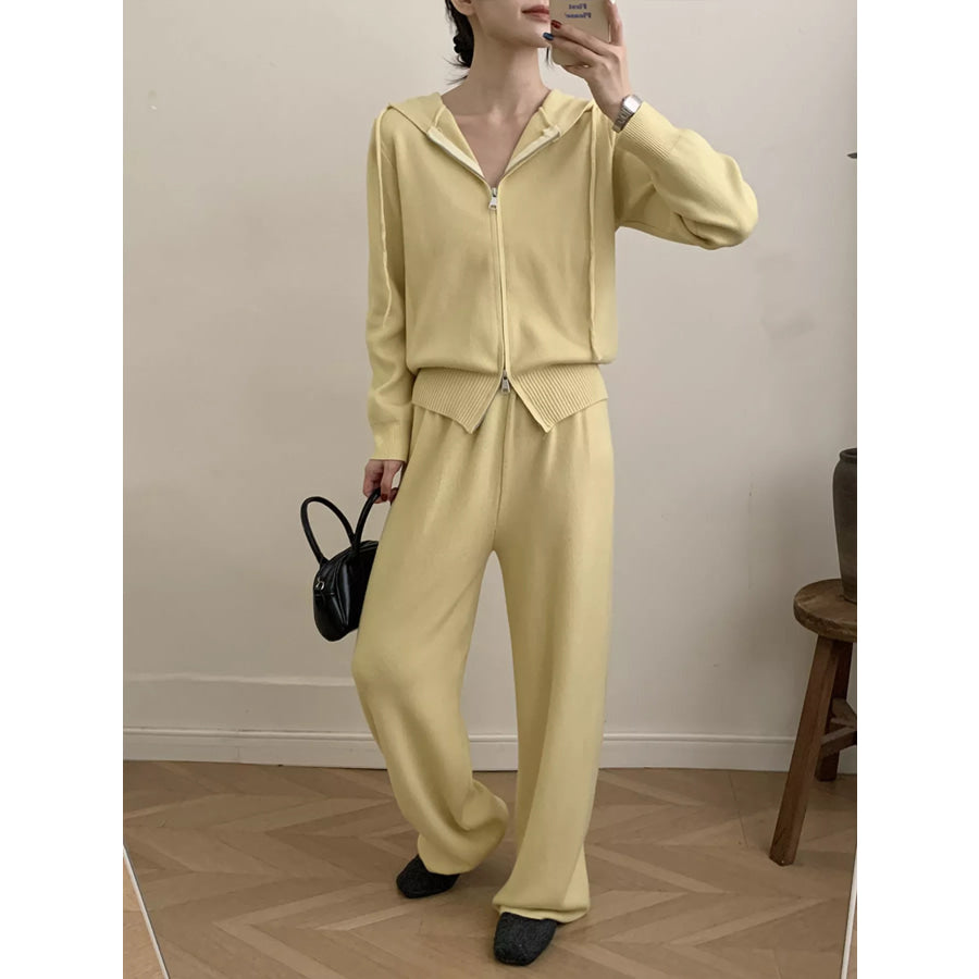 Zip Up Cardigan and Drawstring Wide Leg Pants Knit Set Apparel and Accessories