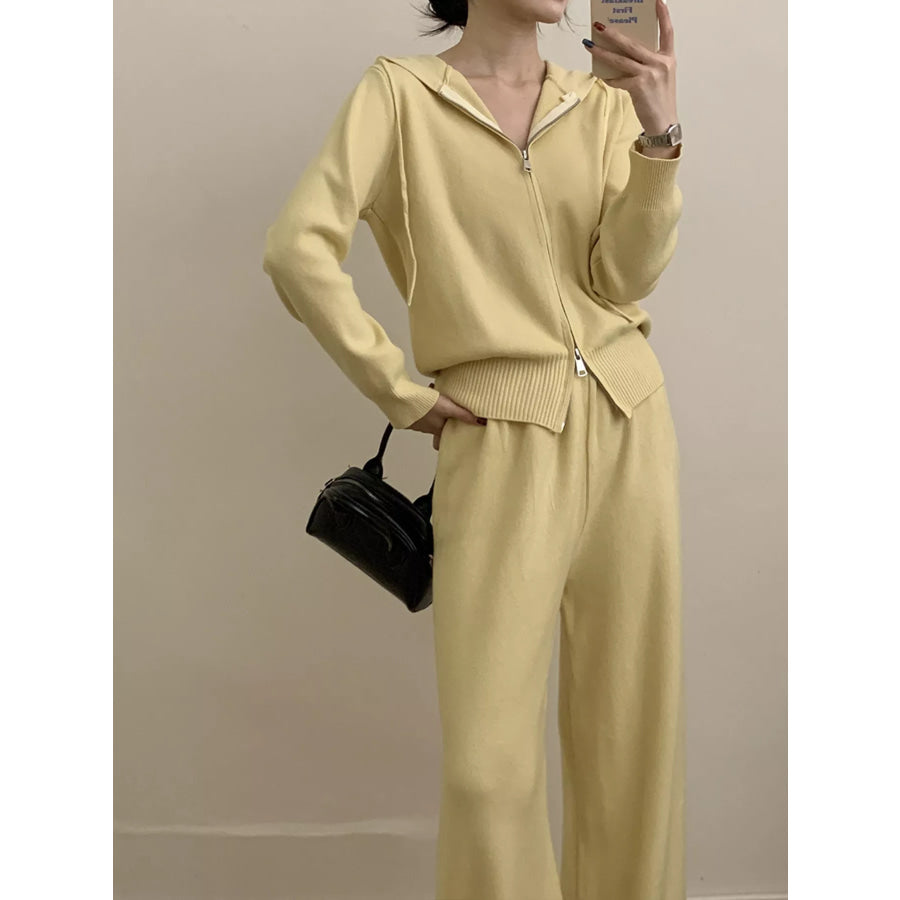 Zip Up Cardigan and Drawstring Wide Leg Pants Knit Set Apparel and Accessories