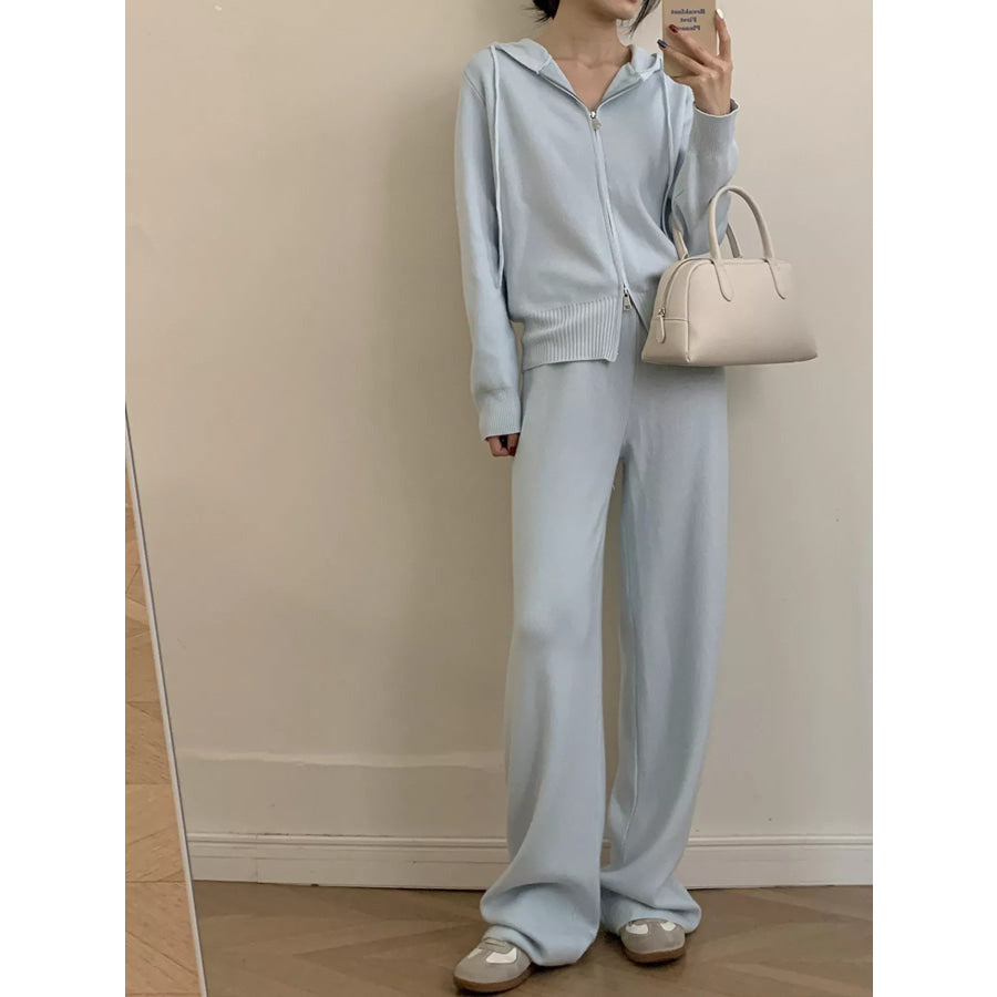 Zip Up Cardigan and Drawstring Wide Leg Pants Knit Set Apparel and Accessories