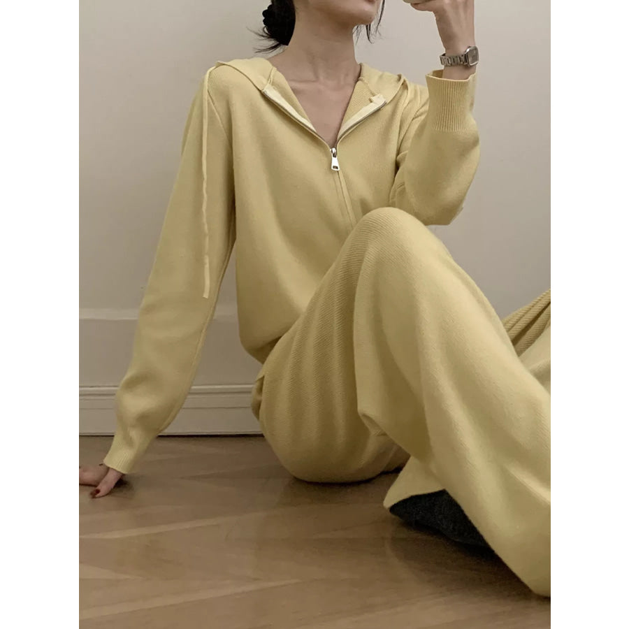 Zip Up Cardigan and Drawstring Wide Leg Pants Knit Set Apparel and Accessories