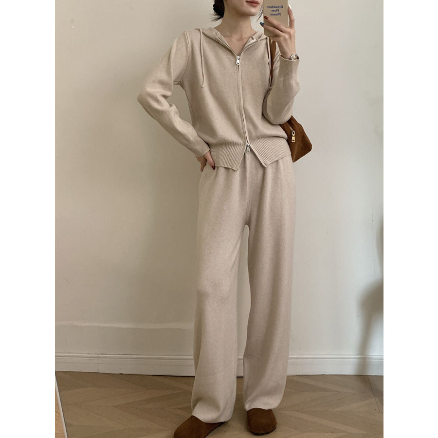 Zip Up Cardigan and Drawstring Wide Leg Pants Knit Set Apparel and Accessories