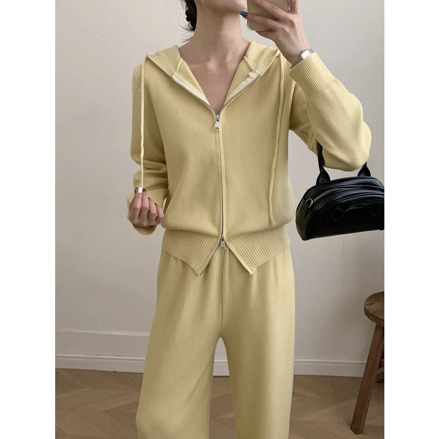 Zip Up Cardigan and Drawstring Wide Leg Pants Knit Set Apparel and Accessories