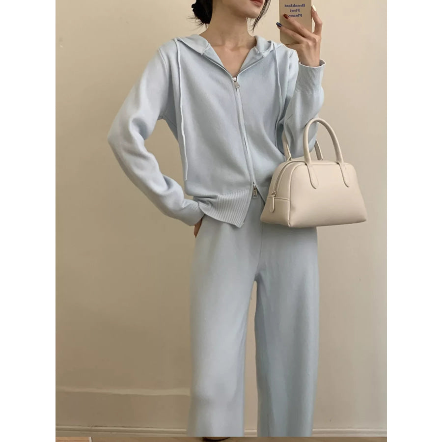 Zip Up Cardigan and Drawstring Wide Leg Pants Knit Set Apparel and Accessories