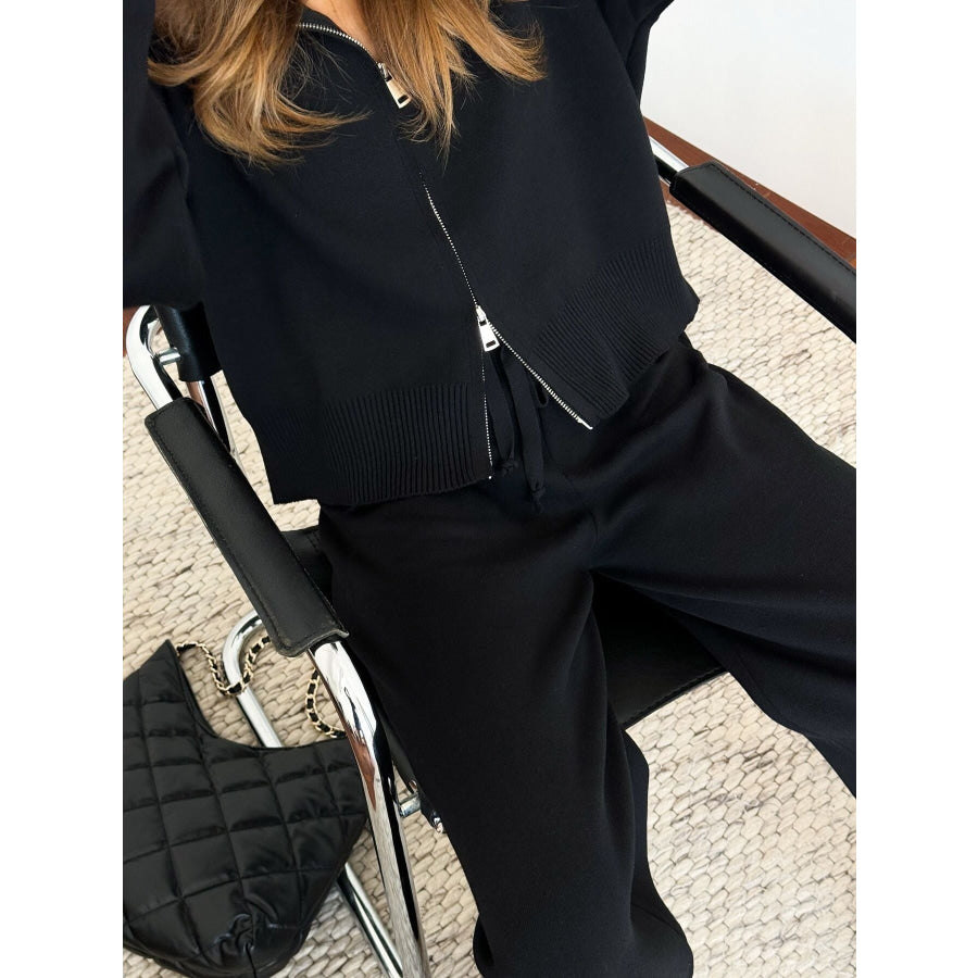 Zip Up Cardigan and Drawstring Wide Leg Pants Knit Set Apparel and Accessories