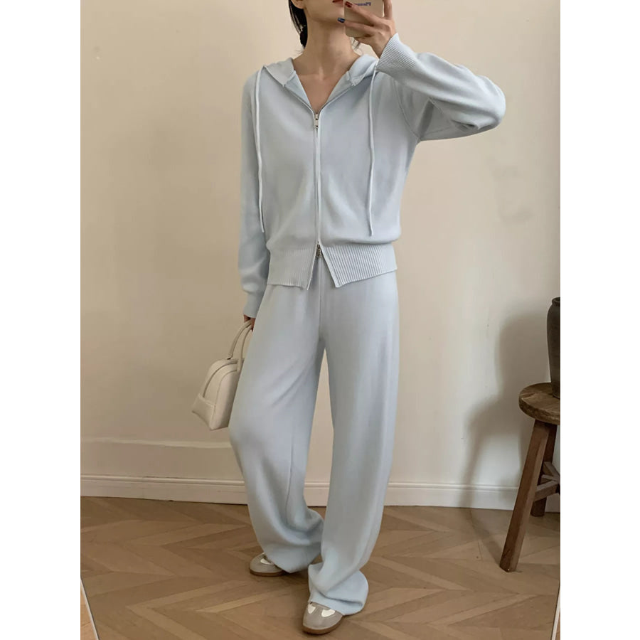 Zip Up Cardigan and Drawstring Wide Leg Pants Knit Set Apparel and Accessories