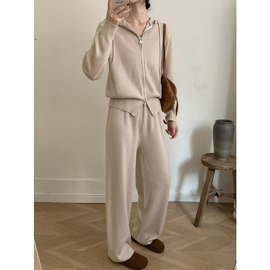 Zip Up Cardigan and Drawstring Wide Leg Pants Knit Set Apparel and Accessories