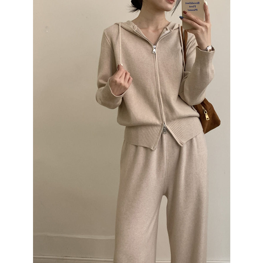 Zip Up Cardigan and Drawstring Wide Leg Pants Knit Set Apparel and Accessories