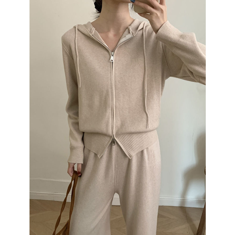 Zip Up Cardigan and Drawstring Wide Leg Pants Knit Set Apparel and Accessories