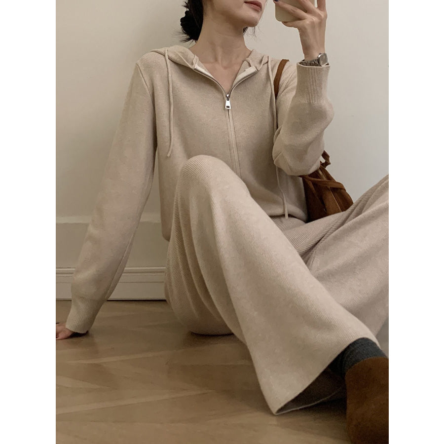 Zip Up Cardigan and Drawstring Wide Leg Pants Knit Set Apparel and Accessories