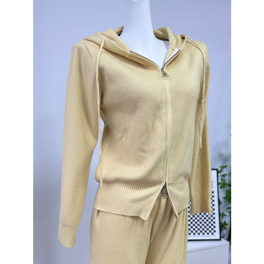 Zip Up Cardigan and Drawstring Wide Leg Pants Knit Set Apparel and Accessories
