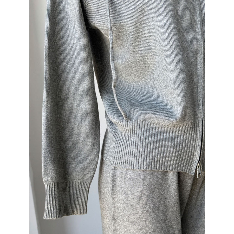 Zip Up Cardigan and Drawstring Wide Leg Pants Knit Set Apparel and Accessories
