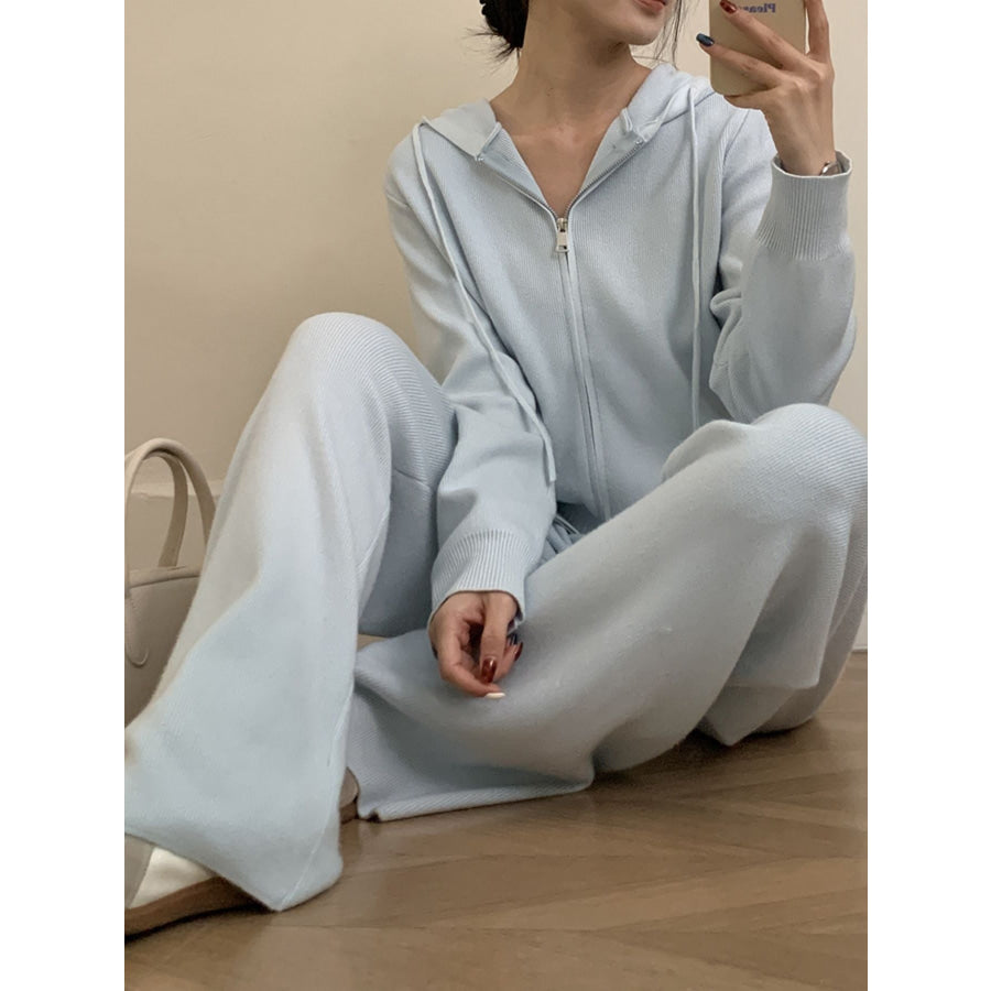 Zip Up Cardigan and Drawstring Wide Leg Pants Knit Set Blue / One Size Apparel and Accessories