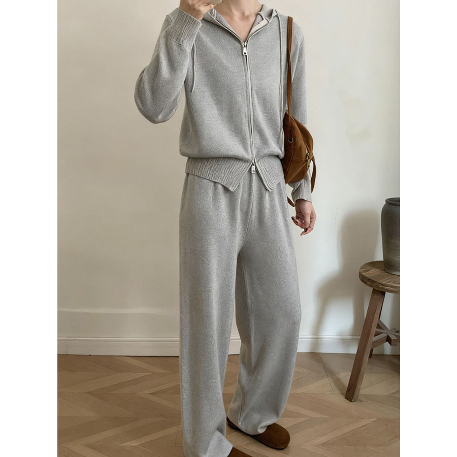 Zip Up Cardigan and Drawstring Wide Leg Pants Knit Set Gray / One Size Apparel and Accessories